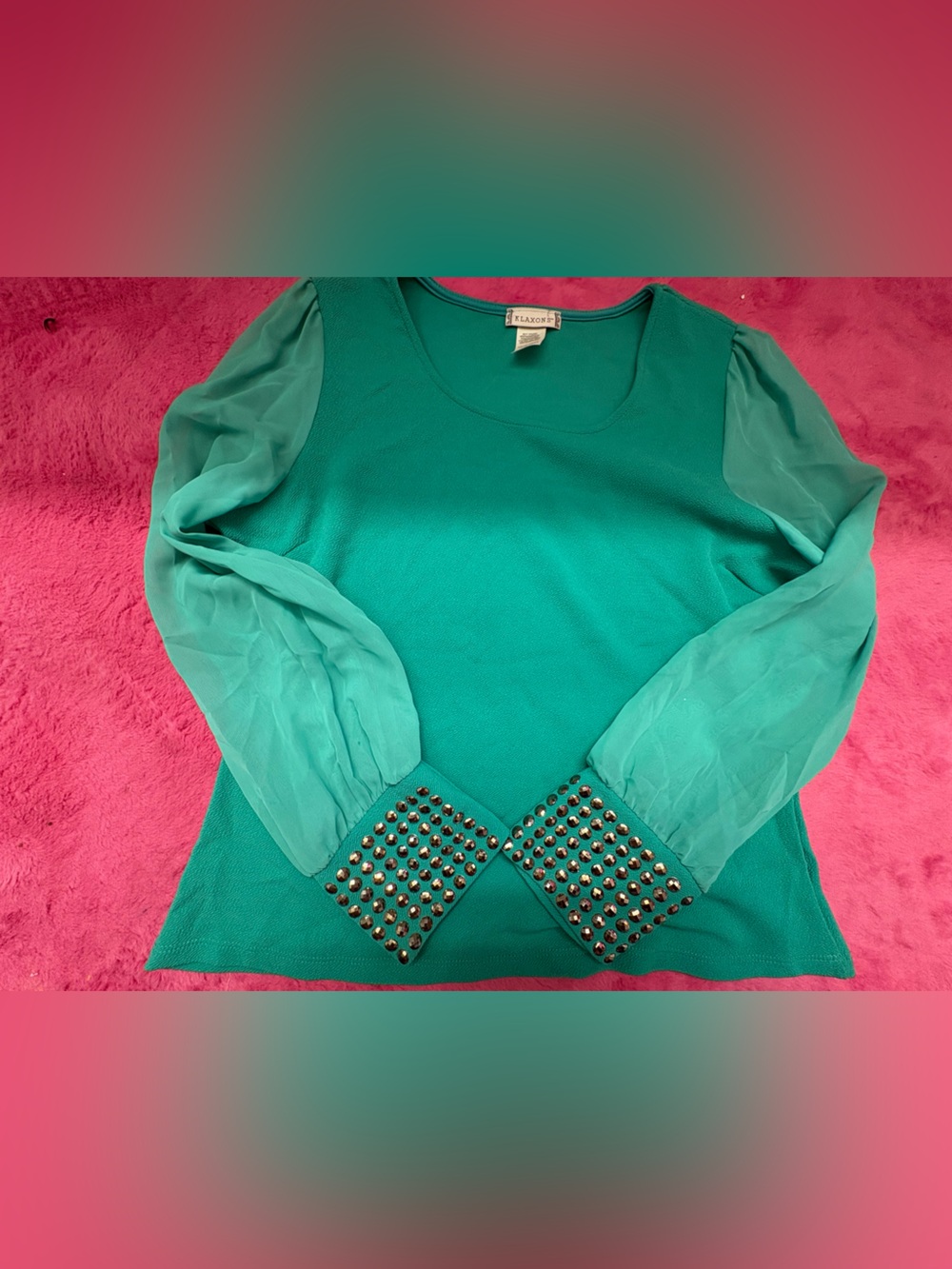 Teal Long Sleeve Top with Sheer Sleeves and Studded Cuffs